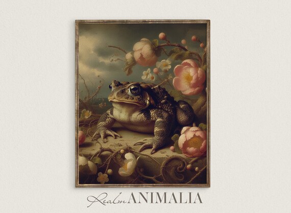 Vintage Floral Toad Print Moody Cottagecore Botanical Animal Wall Art Dcor Frog Fine Art Painting Td005