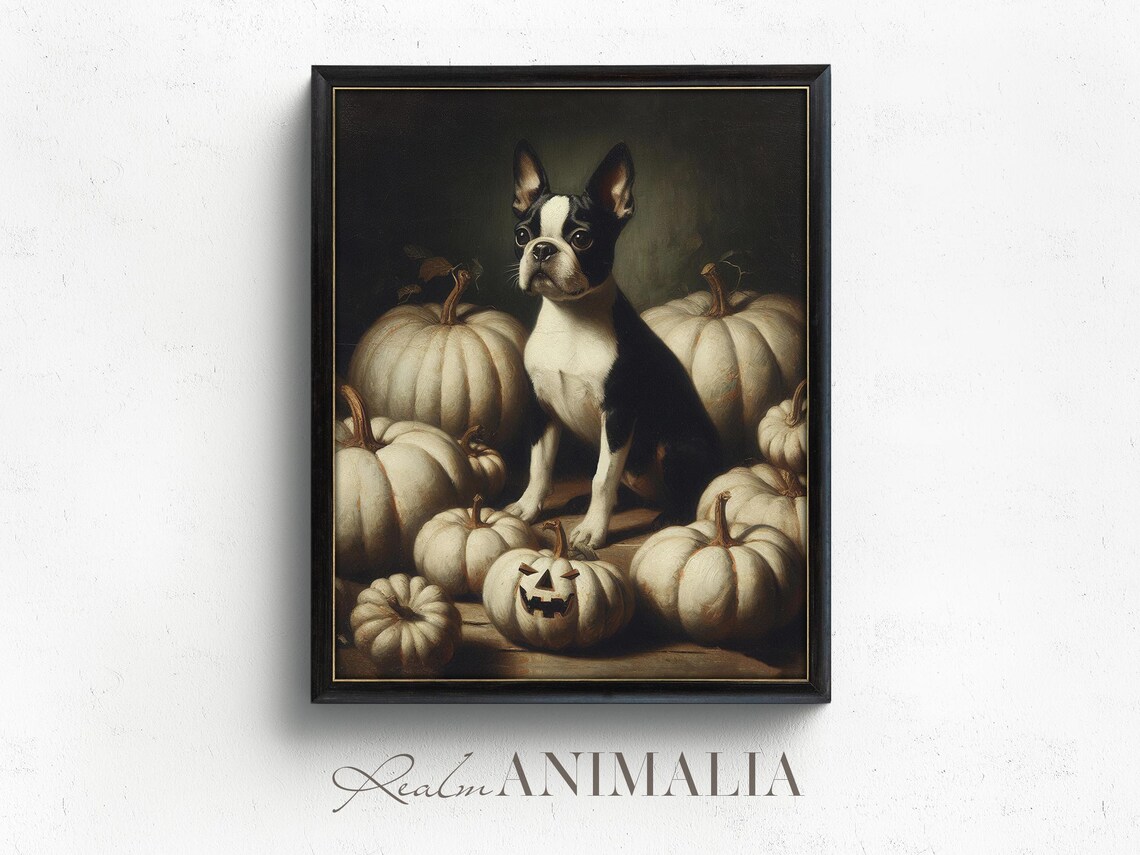 Boston Terrier Puppy Among White Pumpkins Moody Halloween Dog Portrait Poster - Image 2