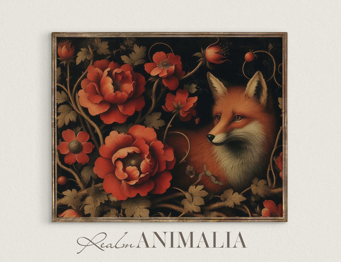 Floral Fox Vintage Oil Painting Red Poppies Dark Botanical Wildlife Poster