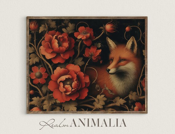 Floral Fox Art Print Moody Botanical Wall Art Dark Cottagecore Academia Decor Vintage Animal Painting Fx024