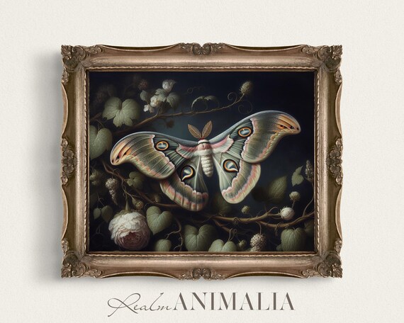 Moth Art Print, Moody Dark Floral Botanical
