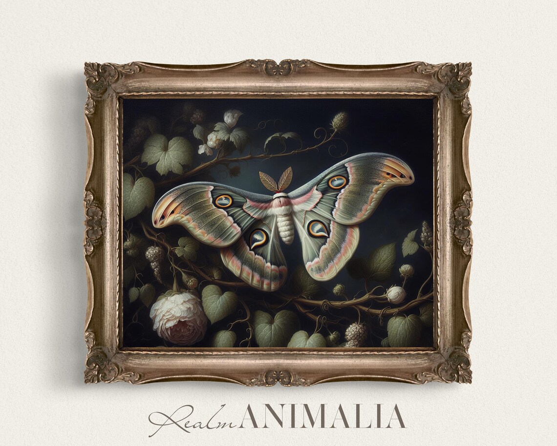 Moth Art Print, Moody Dark Floral Botanical