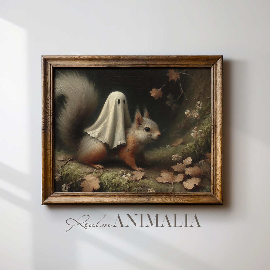 Little Ghost Riding Squirrel Autumn Forest Vintage Halloween Cottagecore Poster - Image 4