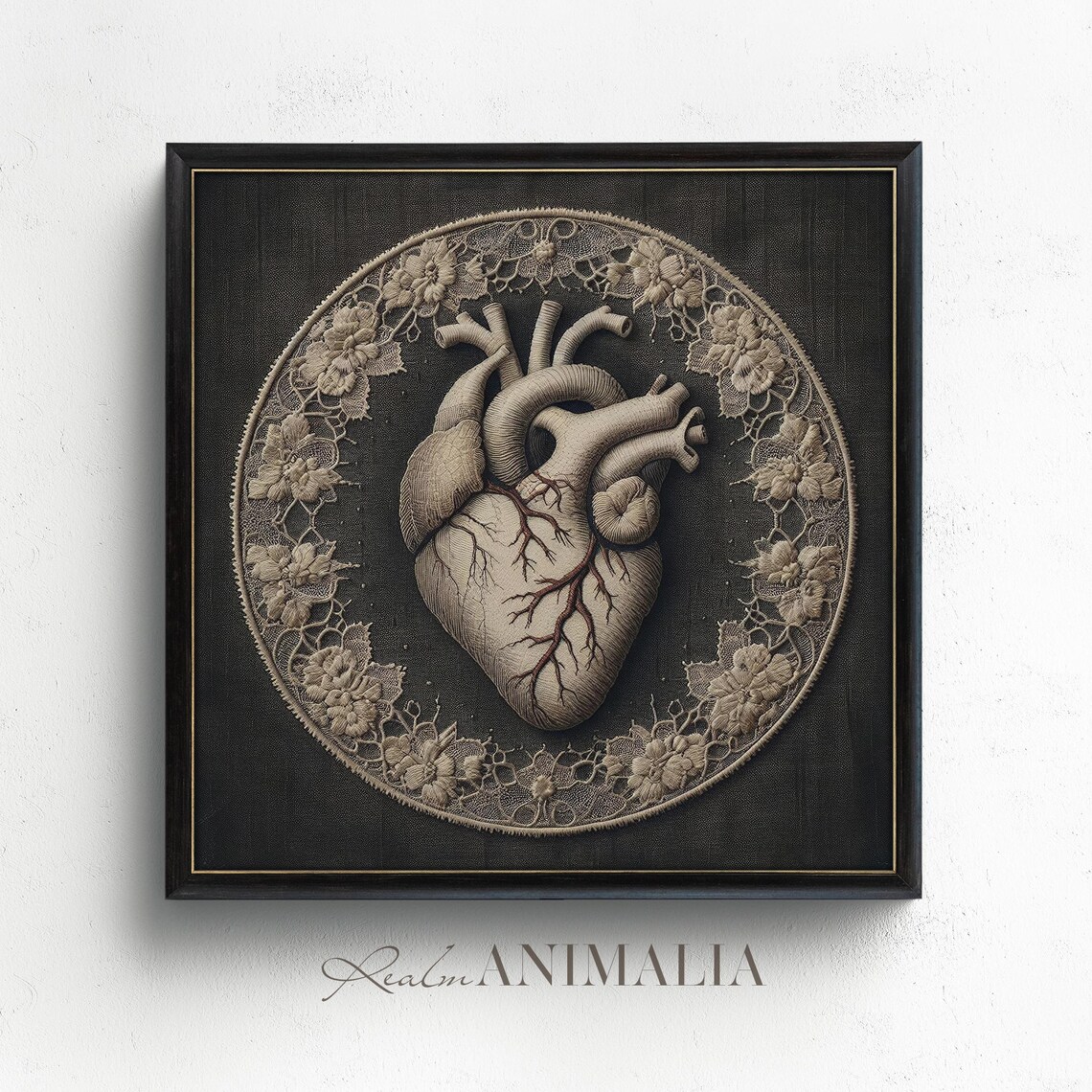 Anatomical Heart Embroidered On Black With Lace Circle Wall Art - Image 3