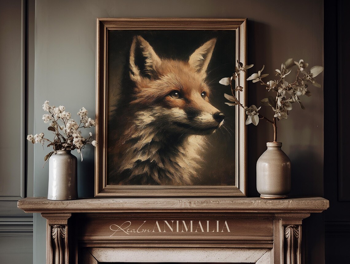 Vintage Fox Portrait In Profile Dark Chiaroscuro Wildlife Oil Painting Print - Image 2
