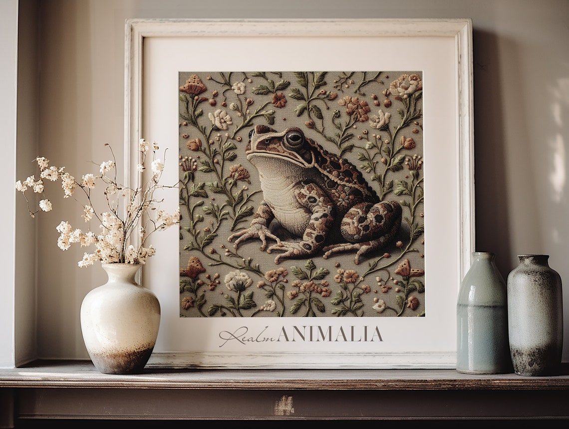 Toad Botanical Embroidery Style Square Floral Textile Neutral Poster - Image 4