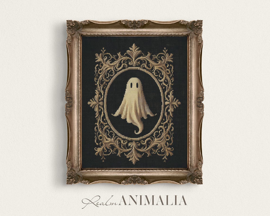 Tiny Ghost In Gold Oval Medallion Black Gothic Tapestry Art Print