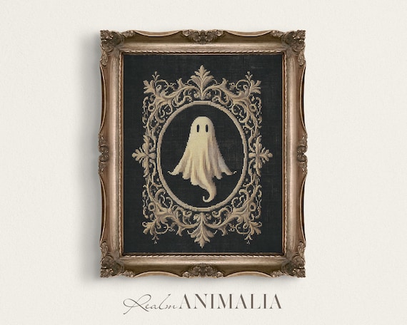 Tiny Ghost In Gold Oval Medallion Black Gothic Tapestry Art Print