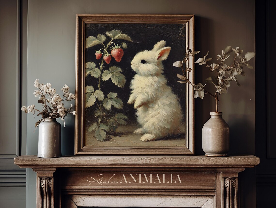 White Bunny Gazing At Strawberry Plant Dark Moody Oil Painting Poster - Image 3