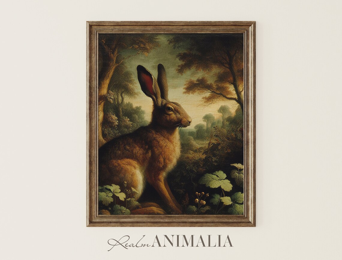 Autumn Rabbit Vintage Painting, Moody Fall Scenery Art Print