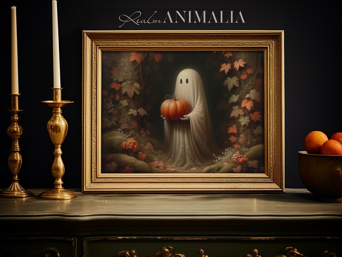 Little Ghost Holding Orange Pumpkin Dark Autumn Forest Halloween Poster - Image 3