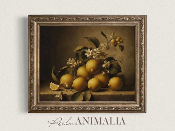 Vintage Still Life Lemon Painting Moody Kitchen Wall Art Rustic Flowering Fruit And Bee Print Citrus Frs002