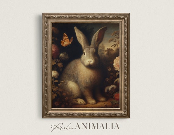 Antique Rabbit And Butterfly Painting Dark Moody Vintage Rabbit Wall Art Decor Easter Fine Art Print Br004