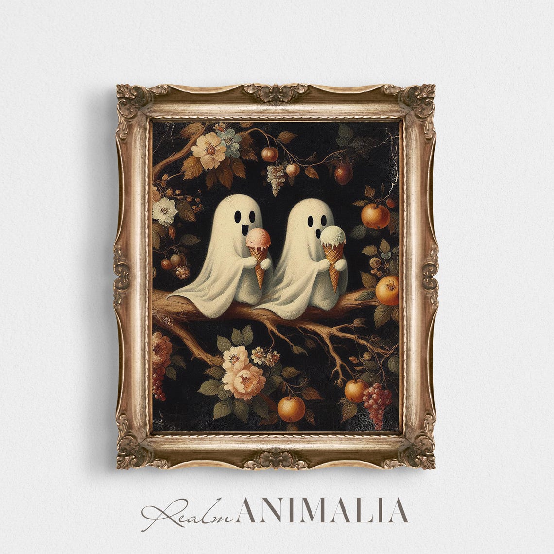 Two Cute Ghosts Eating Ice Cream On Fruit Branch Dark Botanical Poster - Image 4