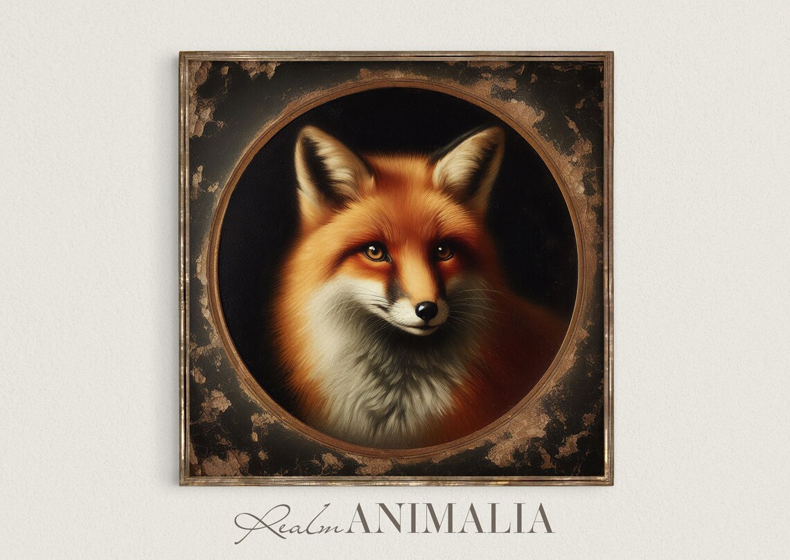 Red Fox Portrait In Circular Dark Gold Frame Moody Animal Art Print - Image 2