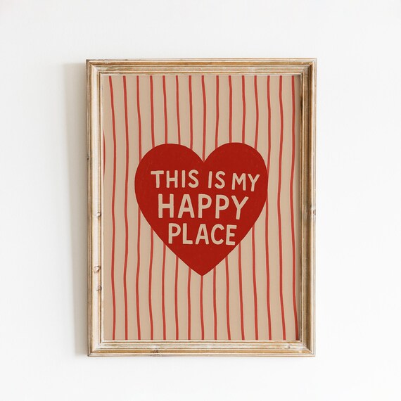 This Is My Happy Place Red Heart Striped Quote Wall Art Decor
