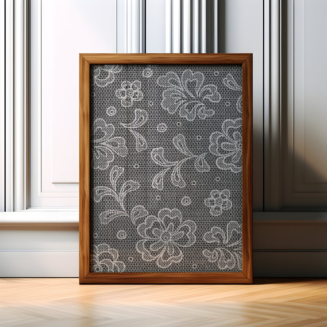 Gray Floral Lace Pattern Textile Style Elegant Botanical Wall Print