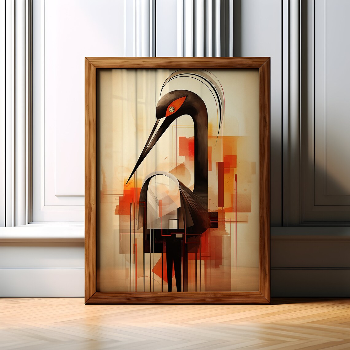 Abstract Geometric Flamingo Art in Amber and Orange Tones Poster