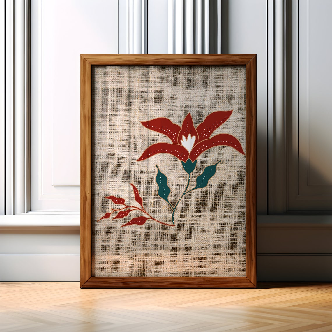 Red Folk Flower Art on Rustic Burlap Texture Boho Style Poster