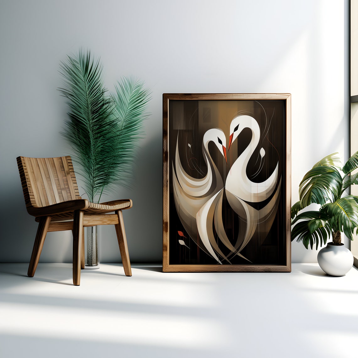 Two White Swans on Black Elegant Geometric Art Romance Poster