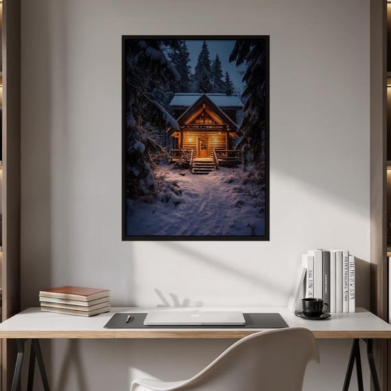 Cozy Cabin Winter Wall Art Snowy Forest Log Poster Rustic Home Decor Inviting Nature Print Serene Escape Holiday Gift