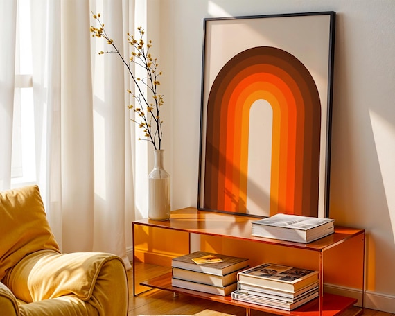 Retro Rainbow Wall Art 70s Mid Century Modern Poster Boho Sunset Arch Print Vintage Orange Brown Decor