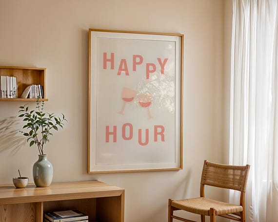 Happy Hour Art Print Pink Wine Glass Poster Retro Cocktail Wall Bar Cart Decor Minimalist Kitchen Illustration Girly Gift