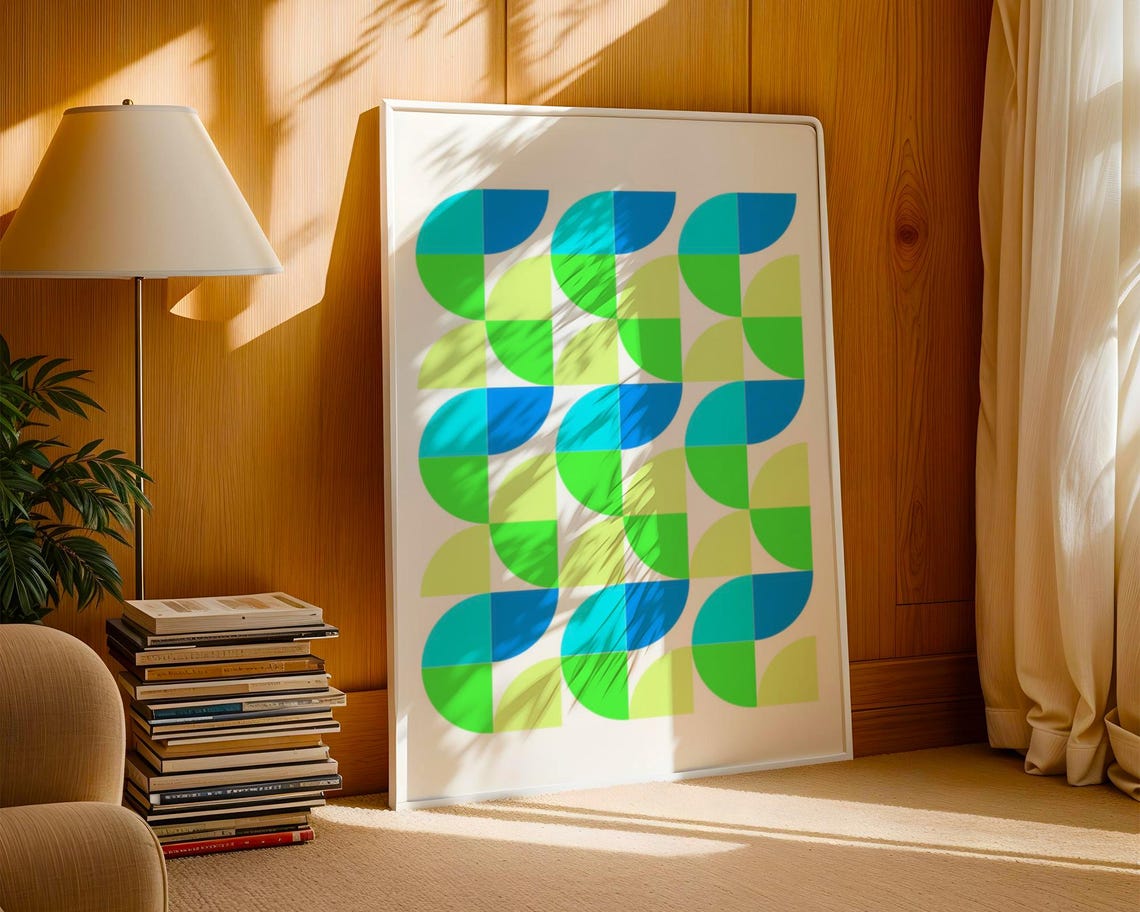 Mid Century Geometric Circles Blue Green Abstract Modern Decor Poster