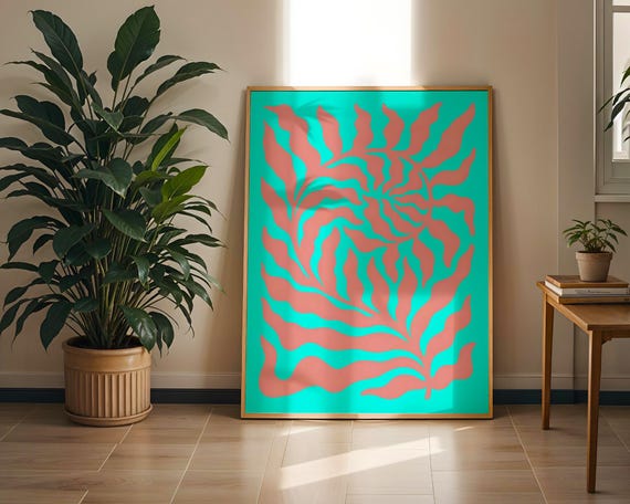 Abstract Coral Seaweed Art Print Retro Turquoise Ocean Kelp Poster Vibrant Pink Botanical Wall Decor Cute Coastal Apartment Gift Idea