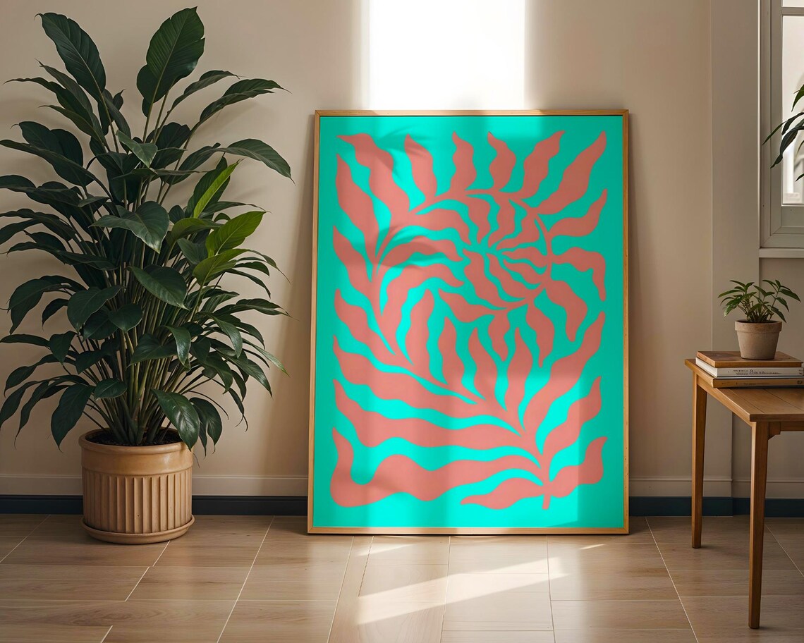 Coral Seaweed Abstract Retro Turquoise Ocean Kelp Vibrant Pink Art Poster