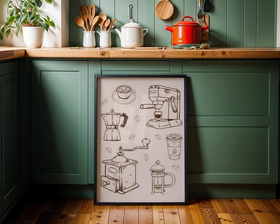 Moka Pot Still Life Art Print Italian Coffee Painting Retro Checkered Floor Kitchen Decor Warm Beige Lover Gift