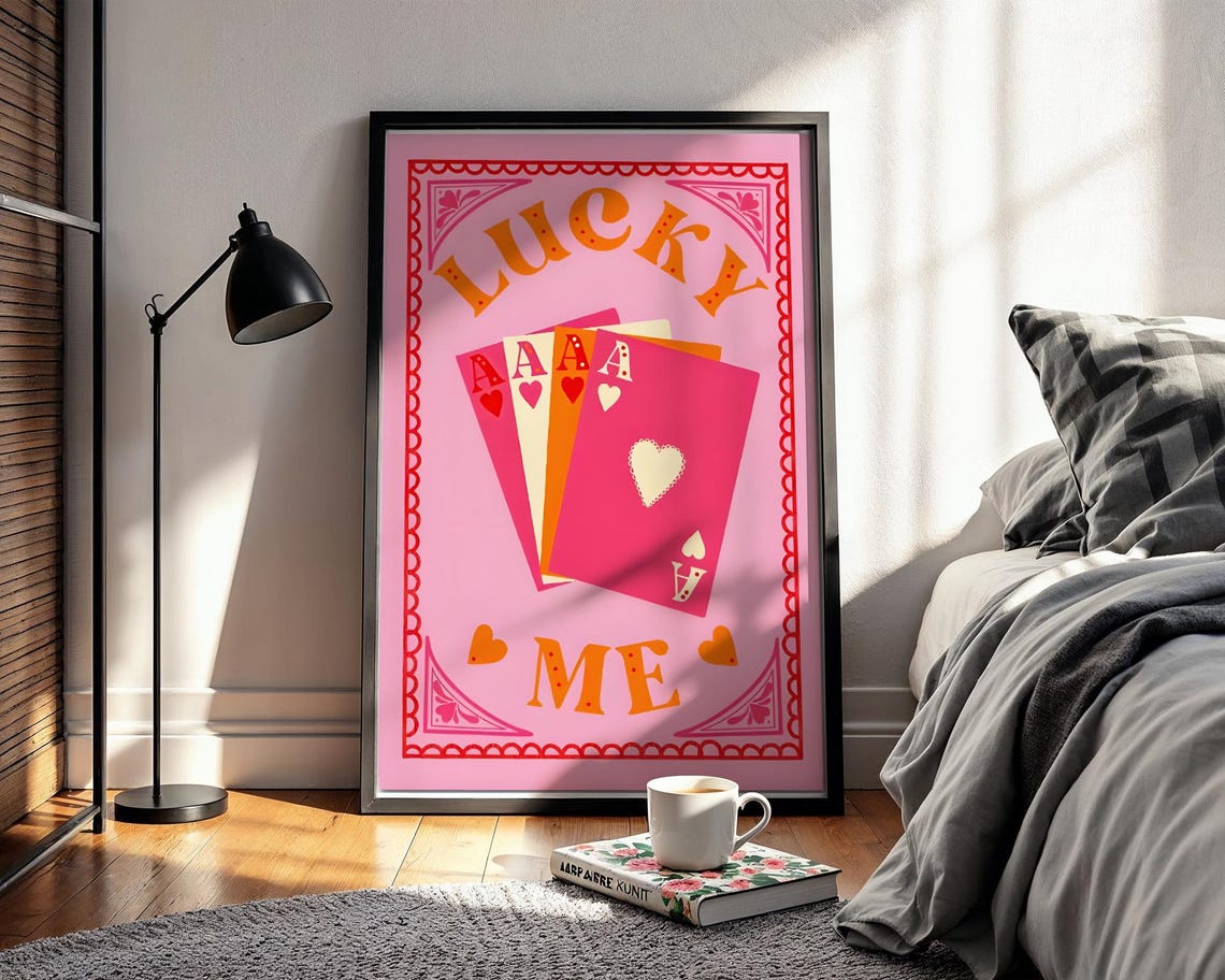 Fun Lucky Me Pink Retro Playing Cards Four Aces Hearts Wall Art