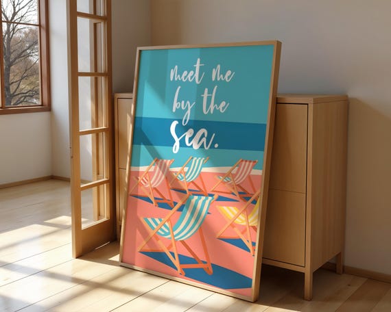 Meet Me By The Sea Art Print Retro Beach Lounge Chair Graphic Poster Cute Coastal Wall Decor Summer Vacation Dorm Gift Idea