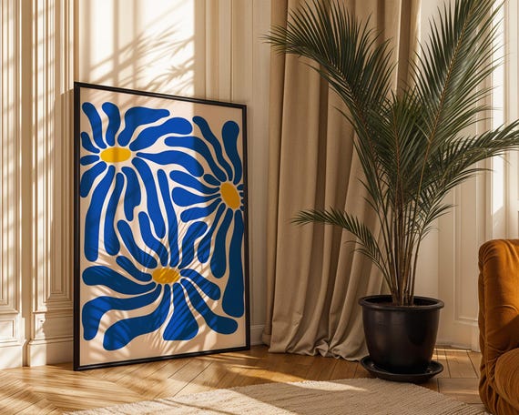Electric Cobalt Wildflower Art Print Abstract Blue Floral Swirl Poster Modern Maximalist Flower Wall Decor Bold Unique Botanical Gift