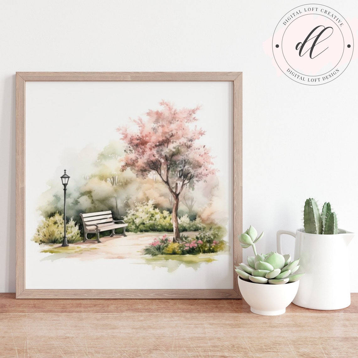 Park Bench Under Cherry Blossom Tree Watercolor Spring Poster
