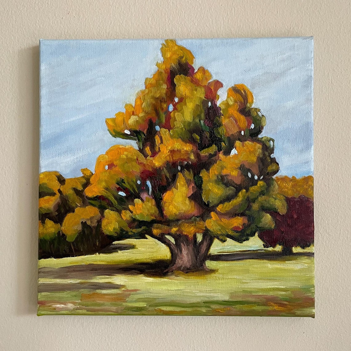Golden Autumn Oak Tree Park Landscape Original Oil Painting Wall Art