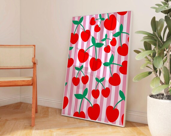 Red Cherries Pattern on Pink Stripes Fun Retro Kitchen Poster