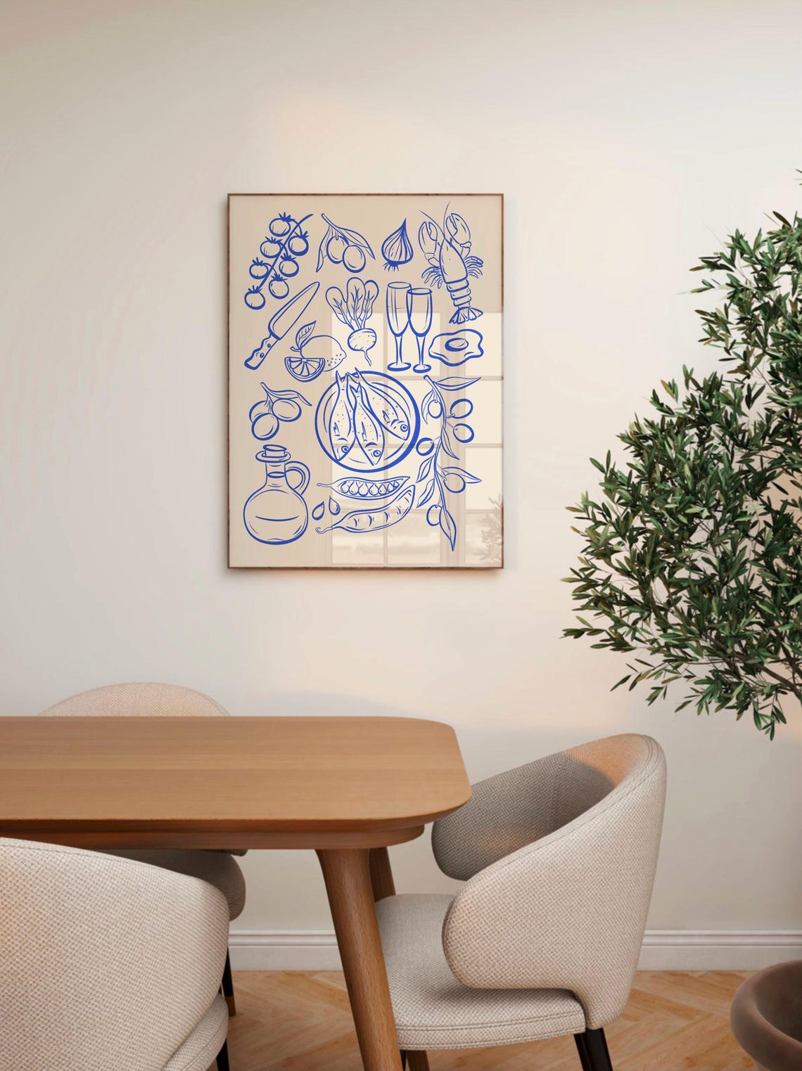 Retro Blue Kitchen Mediterranean Food Illustration Art Poster