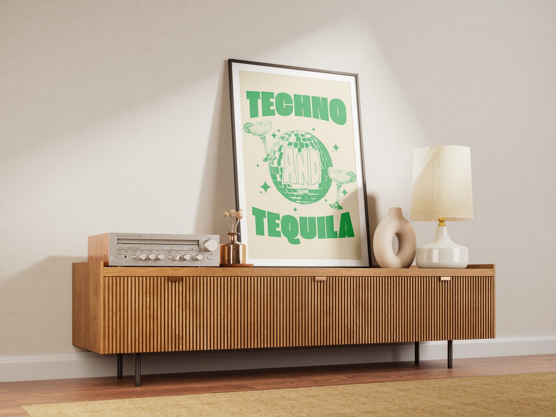 Techno and Tequila Green Disco Ball Party Drinks Wall Poster - Image 3