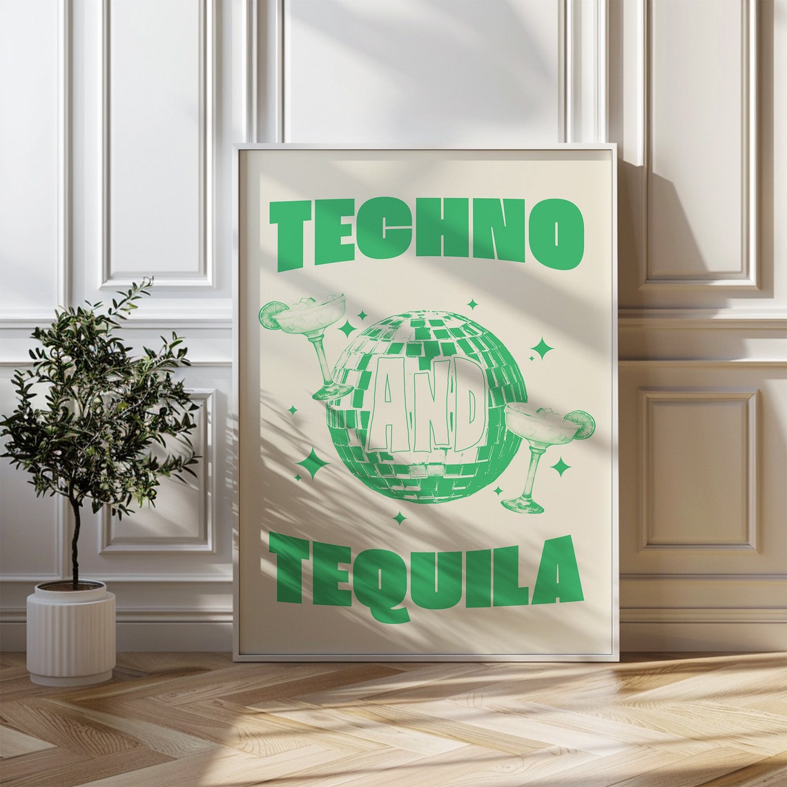 Techno and Tequila Green Disco Ball Party Drinks Wall Poster - Image 4