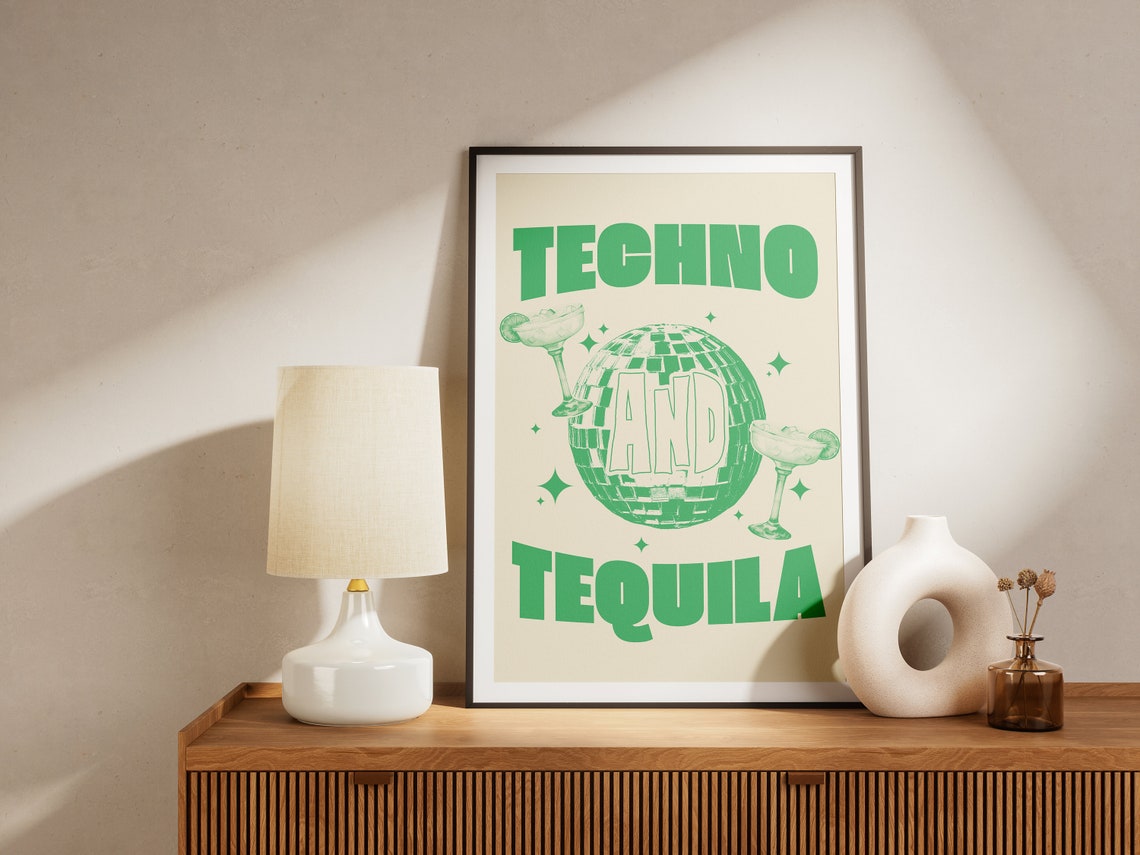 Techno and Tequila Green Disco Ball Party Drinks Wall Poster