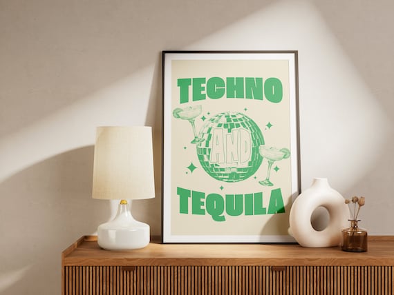 Techno and Tequila Green Disco Ball Party Drinks Wall Poster