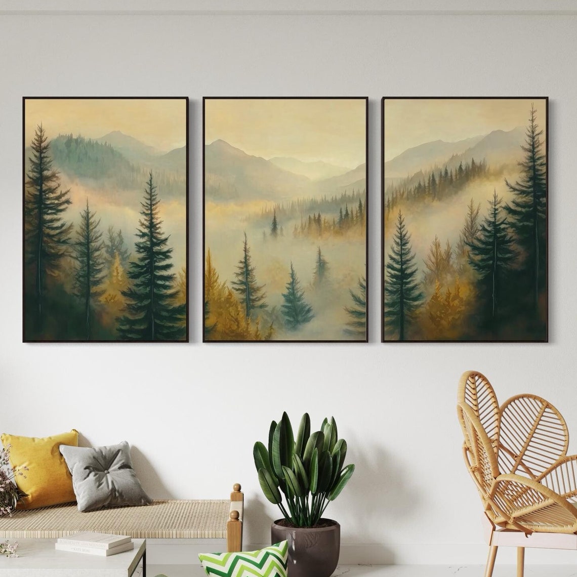Misty Mountain Sunrise Pine Forest Muted Triptych Wall Art Print - Image 5