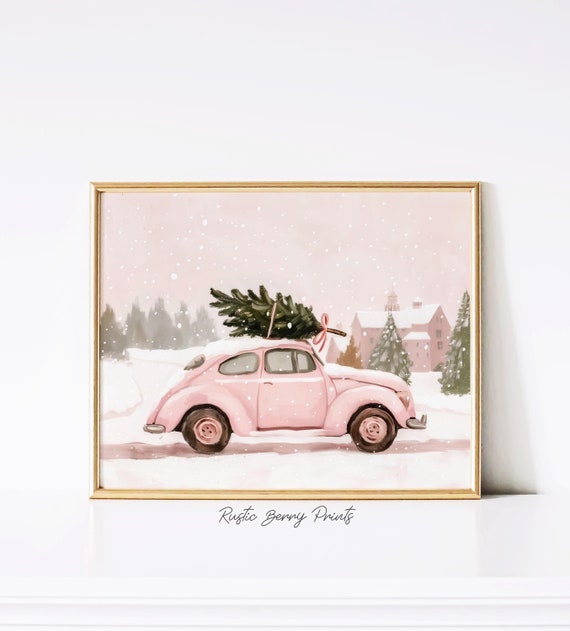 Cute Christmas Wall Art Art Print Pink Car Tree Snow Winter Holiday Poster Trendy Christmas Decor