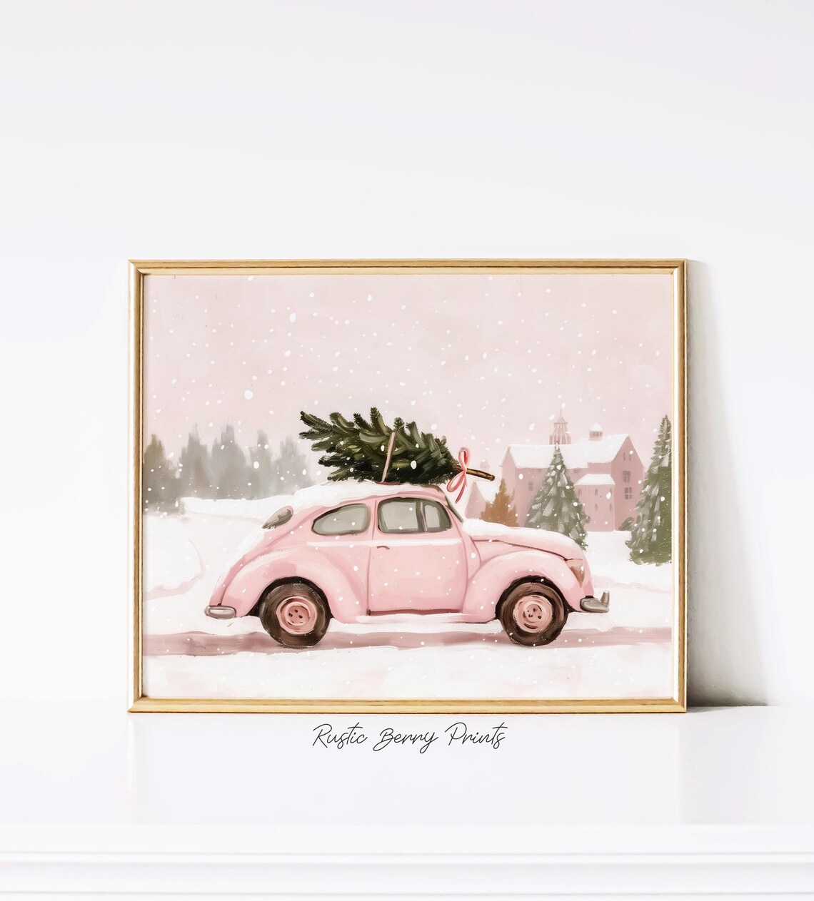 Pink Vintage Car Christmas Tree Snowy Village Holiday Wall Print
