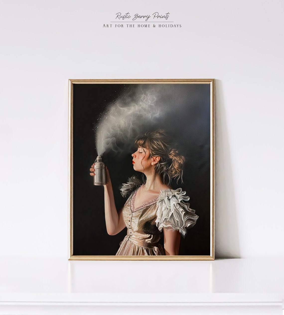 Elegant Woman Spraying Mist From Vintage Can Dark Humorous Art Poster