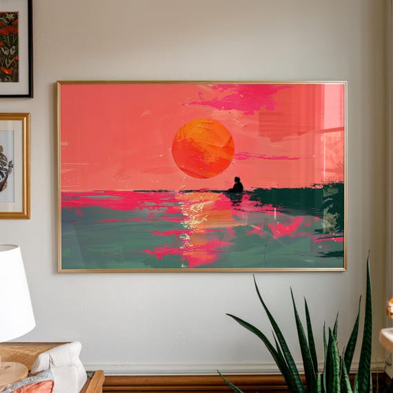 Retro Sunset Landscape Poster Orange Verano Print Dopamine Decor