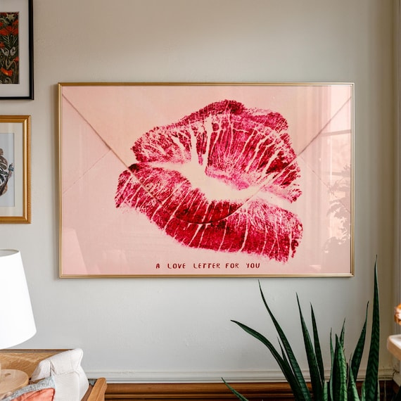 Bold Red Lipstick Kiss on Pink Envelope Love Letter Art Print