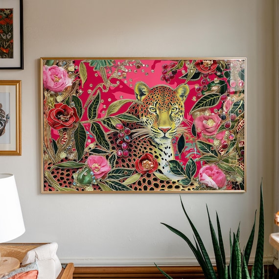 Leopard Jungle Art Print Maximalist Pink Floral Animal Poster