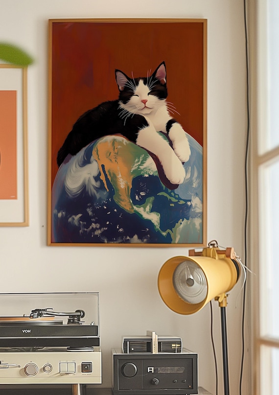 Black and White Tuxedo Cat Napping on Planet Earth Art Poster